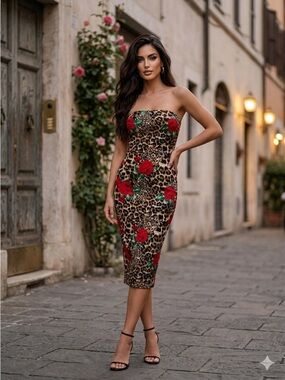 DNA Couture Leopard Print Strapless Midi Dress with Red Rose Accents - Medium
